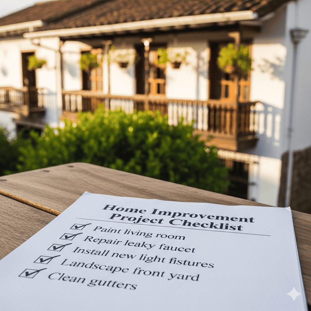 A finished home improvement checklist with checkmarks, set against a backdrop of a beautiful Cuenca home.