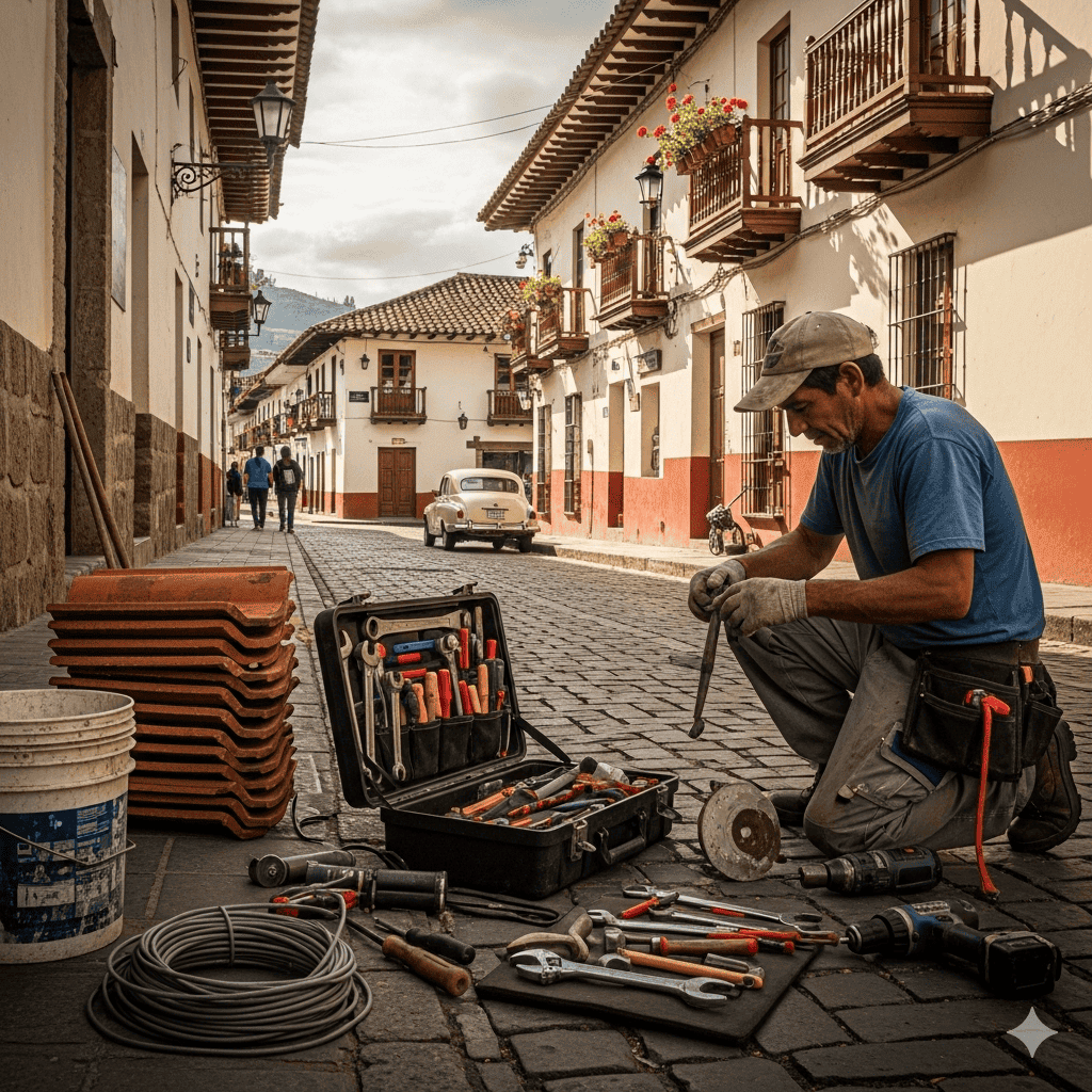 A picture of a Cuenca, Ecuador street with tools and a home repair worker.